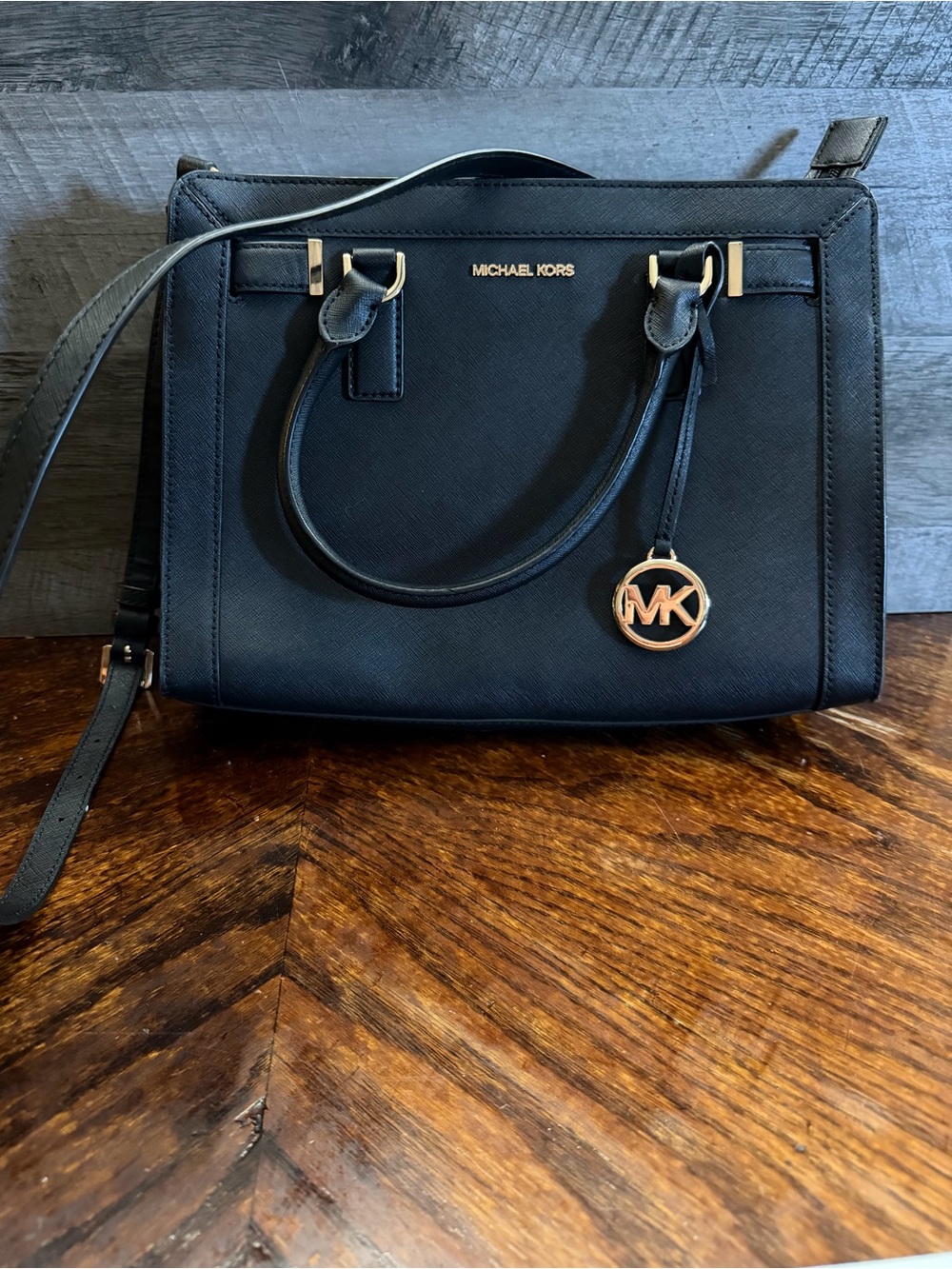 Michael Kors Black Dillon Saffiano Satchel crossbody with gold MK Charm